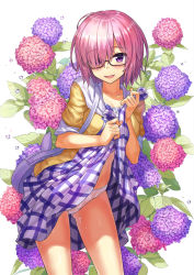 Rule 34 | 1girl, :d, bag, black-framed eyewear, blue dress, blush, checkered clothes, checkered dress, clothes lift, collarbone, contrapposto, dress, dress lift, fate/grand order, fate (series), flower, glasses, gluteal fold, highres, hydrangea, jacket, leaning forward, lifting own clothes, looking at viewer, mash kyrielight, mash kyrielight (senpai killer outfit), npcpepper, official alternate costume, open clothes, open jacket, open mouth, panties, pink flower, pink hair, plant, purple eyes, purple flower, short hair, short sleeves, shoulder bag, simple background, smile, solo, standing, thighs, underwear, water drop, wet, wet clothes, wet panties, white background, white panties, yellow jacket