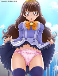 Rule 34 | 1girl, :o, amanogawa kirara, blue shirt, blue sky, blue thighhighs, bow, bow panties, bowtie, brown hair, cameltoe, clothes lift, cloud, cloudy sky, commentary request, cowboy shot, crotch seam, day, dress shirt, frilled panties, frilled skirt, frills, go! princess precure, hair ribbon, hanzou, highres, juliet sleeves, lace, lace-trimmed panties, lace trim, lifted by self, long hair, long sleeves, looking at viewer, miniskirt, noble academy school uniform, open mouth, orange bow, orange bowtie, outdoors, panties, partial commentary, pleated skirt, precure, puffy sleeves, purple eyes, railing, ribbon, school uniform, shirt, skirt, sky, solo, standing, star ornament, suspender skirt, suspenders, thighhighs, twitter username, underwear, wavy hair, white skirt, yellow ribbon