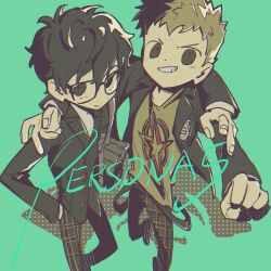 Rule 34 | 2boys, amamiya ren, arm around shoulder, bag, bbbbbaasos, black eyes, black hair, black jacket, brown hair, clenched hand, closed mouth, copyright name, glasses, green background, grin, hand in pocket, jacket, male focus, multiple boys, open clothes, open jacket, pants, persona, persona 5, plaid, plaid pants, sakamoto ryuuji, school bag, shirt, smile, t-shirt