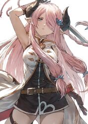 1girl arm_behind_head arm_up armpits belt belt_buckle black_dress blue_eyes breasts brown_belt brown_horns buckle coat commentary_request cowboy_shot draph dress fagi_(kakikaki) granblue_fantasy hair_over_one_eye holding holding_sword holding_weapon horns katana large_breasts long_hair looking_at_viewer narmaya_(granblue_fantasy) pink_hair sheath short_dress simple_background sleeveless solo sword weapon white_background white_coat