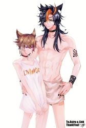 Rule 34 | 2boys, animal ears, blonde hair, cat boy, cat ears, collar, commission, commissioner upload, fox boy, fox ears, highres, indie virtual youtuber, link vagar, looking at another, male focus, multicolored hair, multiple boys, naked shirt, orange hair, purple eyes, shirt, short hair, skeb commission, topless male, tuyu hh, virtual youtuber, yaoi, yukida astro