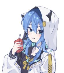 Rule 34 | 1girl, black shirt, blue hair, bow, bowtie, breasts, drinking straw, gang h, hair between eyes, hand up, highres, hololive, hood, hood up, hooded jacket, hoshimachi suisei, jacket, juice box, light blush, long hair, long sleeves, looking at viewer, open mouth, sailor collar, shirt, simple background, small breasts, smile, solo, star (symbol), star in eye, symbol in eye, upper body, virtual youtuber, white background, white jacket