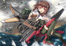 Rule 34 | 10s, 1girl, aircraft, airplane, bike shorts, blush, bow (weapon), brown eyes, brown hair, crossbow, headband, headgear, kantai collection, north abyssor, open mouth, personification, short hair, skirt, solo, taihou (kancolle), thighhighs, weapon