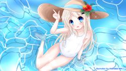 Rule 34 | 1girl, barefoot, blue eyes, blush, brown hair, cameltoe, from above, hand on headwear, hat, highres, kud wafter, kuu (tempote1), little busters!, long hair, looking up, noumi kudryavka, one-piece swimsuit, open mouth, partially submerged, school swimsuit, sitting, solo, sun hat, swimsuit, thigh gap, toes, water, white school swimsuit, white one-piece swimsuit