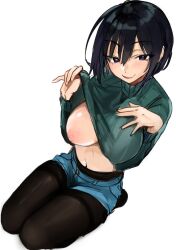 Rule 34 | 1girl, 5saiji, :q, black hair, black pantyhose, blush, breasts, clothes lift, denim, denim shorts, green sweater, hair between eyes, large breasts, lifting own clothes, long sleeves, looking at viewer, nipples, one breast out, original, pantyhose, purple eyes, purple hair, short hair, short shorts, shorts, simple background, sitting, solo, sweater, sweater lift, tongue, tongue out, turtleneck, turtleneck sweater, white background
