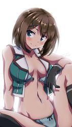 Rule 34 | 1girl, 547th sy, arm rest, black gloves, black socks, blue bra, blue eyes, blue panties, blush, bra, breasts, brown hair, dated, gloves, hair ornament, highres, kantai collection, kneehighs, large breasts, maya (kancolle), maya kai ni (kancolle), open bra, open clothes, panties, short hair, signature, simple background, sitting, sleeveless, smile, socks, solo, underwear, white background, x hair ornament