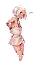 Rule 34 | 1girl, blush, feet out of frame, flat chest, lingerie, nipples, open mouth, original, ox (baallore), panties, panties around leg, parted bangs, protected link, ramina (baallore), red eyes, short hair, solo, underwear, undressing, white background, white hair