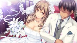 Rule 34 | 1girl, absurdres, akagi mio, bare shoulders, blonde hair, blush, boku to nurse no kenshuu nisshi, bouquet, breasts, bridal veil, bride, brown eyes, cleavage, dress, elbow gloves, flower, from above, game cg, gloves, hair between eyes, hair flower, hair ornament, happy, highres, holding, holding bouquet, indoors, jewelry, large breasts, light blush, light smile, long hair, looking at viewer, monety, necklace, necktie, no eyes, original, pearl necklace, rose, smile, standing, strapless, strapless dress, veil, wedding, wedding dress, white flower, white rose