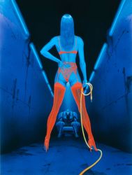 Rule 34 | 1980s (style), 1girl, a.d. police files, alternate color, ass, back-seamed legwear, backview, billy fanword, blood, blood stain, blue hair, blue light, blue skin, blue theme, boomer, bra, cable, ceiling, colored skin, crack, cyborg, dark room, floor, from below, full body, garter belt, garter straps, hand on own hip, high heels, highleg, highleg panties, highres, hip focus, holding, indoors, lace, lace panties, lingerie, long hair, machine, metal, neon lights, nude, oldschool, panties, perspective, plug, police, police uniform, policeman, red bra, red footwear, red panties, retro artstyle, seamed legwear, see-through, shoes, sitting, standing, stiletto heels, takagi youko, thighhighs, tony takezaki, underwear, underwear only, uniform, wall, yellow theme