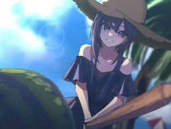 Rule 34 | 1girl, absurdres, alternate costume, black dress, blurry, blurry background, brown eyes, brown hair, brown hat, cloud, day, dress, food, fruit, hat, hato kan, highres, holding, kantai collection, outdoors, short hair, sky, solo, suikawari, taihou (kancolle), tree, watermelon
