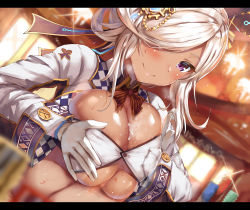 Rule 34 | 1boy, 1girl, aisha (dare ga tame no alchemist), animal ears, bad id, bad pixiv id, belko, blush, breasts squeezed together, breasts, clothed female nude male, cum, cum on body, cum on breasts, cum on upper body, dare ga tame no alchemist, dark skin, gloves, hair ornament, hair over one eye, hair ribbon, hetero, highres, jacket, large breasts, nude, paizuri, paizuri under clothes, purple eyes, rabbit ears, ribbon, sidelocks, smile, solo focus, sweat, white gloves, white hair, white jacket