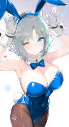 Rule 34 | 1girl, ;), animal ears, armpits, bare shoulders, blue bow, blue bowtie, blue eyes, blue leotard, bow, bowtie, breasts, brown pantyhose, cleavage, closed mouth, commentary request, covered navel, detached collar, fake animal ears, fake tail, gloves, grey hair, hands up, heart, highres, large breasts, leotard, looking at viewer, one eye closed, pantyhose, playboy bunny, rabbit ears, rabbit tail, senran kagura, short hair, signature, smile, solo, tail, white gloves, yaegashi nan, yumi (senran kagura)