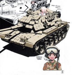 Rule 34 | 10s, 3girls, akiyama yukari, artist name, blush, camouflage, caterpillar tracks, desert camouflage, english text, girls und panzer, goggles, goggles on headwear, headset, helmet, highres, jumpsuit, long hair, looking at another, m60 main battle tank, md5 mismatch, military, military uniform, military vehicle, motor vehicle, multiple girls, nakamura 3sou, open mouth, operation desert storm, partially colored, reactive armor, resolution mismatch, sgt nakamura, shadow, short hair, signature, simple background, sketch, smile, source smaller, sss, tank, unfinished, uniform, vehicle, white background