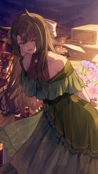 Rule 34 | 1girl, animal ears, bare shoulders, black hair, blush, bouquet, bow, breasts, collarbone, commentary request, dress, flower, green dress, green eyes, hair between eyes, hair bow, hair flower, hair ornament, highres, horse ears, horse girl, isana615, long hair, looking at viewer, medium breasts, multicolored hair, night, night sky, satono crown (umamusume), sky, smile, solo, star (sky), streaked hair, umamusume, white hair