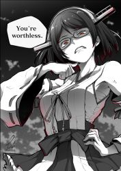 Rule 34 | 1girl, alternate language, anger vein, commentary request, detached sleeves, ebiblue, english text, gesugao, glasses, hand on own hip, kantai collection, kirishima (kancolle), partial commentary, red eyes, sarashi, signature, skirt, sneer, solo, speech bubble, spot color