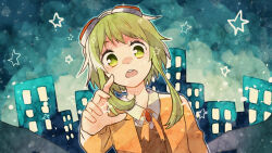 Rule 34 | 1girl, amarisu, blazer, brooch, brown vest, city, dress shirt, goggles, goggles on head, green eyes, green hair, gumi, jacket, jewelry, looking at viewer, night, open clothes, open jacket, open mouth, orange jacket, orange ribbon, painting (medium), reaching, reaching towards viewer, red brooch, ribbon, shirt, short hair, silhouette, skyline, solo, star (symbol), surprised, traditional media, vest, vocaloid, watercolor (medium), white shirt