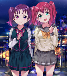 Rule 34 | 10s, 2girls, :d, arm at side, bangs, bow, bowtie, buttons, city lights, clenched hand, collarbone, cowboy shot, double-breasted, green eyes, hand up, head tilt, highres, kazuno leah, kurosawa ruby, long sleeves, looking at viewer, love live!, love live! sunshine!!, multiple girls, neckerchief, night, night sky, open mouth, pleated skirt, purple eyes, purple hair, railing, red hair, school uniform, seisen school uniform, serafuku, skirt, sky, smile, standing, tem10, twintails, two side up, uranohoshi school uniform, yellow neckwear