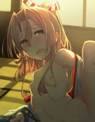 Rule 34 | 10s, 1girl, bad id, bad twitter id, blush, breasts, hachimaki, headband, japanese clothes, kantai collection, kylin, light brown hair, long hair, nipples, nude, off shoulder, open mouth, orange eyes, saliva, small breasts, solo, sweat, tears, zuihou (kancolle)