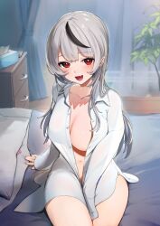 Rule 34 | 1girl, bed, blanket, blush, breasts, cabinet, cleavage, collarbone, collared shirt, cowboy shot, curtains, ear piercing, fang, glint, grey hair, hololive, indoors, large breasts, long hair, long sleeves, looking at viewer, multicolored hair, naked shirt, navel, open mouth, piercing, pillow, plant, potted plant, red eyes, sakamata chloe, shirt, sidelocks, sitting, skin fang, smile, solo, streaked hair, sunano reona, tissue box, virtual youtuber, white shirt