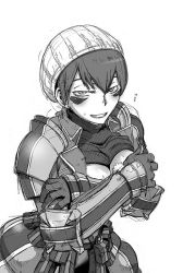 Rule 34 | 00s, 1girl, armor, blush, breasts, cleavage, clothes lift, covering privates, covering breasts, facepaint, gloves, greyscale, hat, monochrome, non-web source, senjou no valkyria, senjou no valkyria (series), senjou no valkyria 1, shindol, shirt lift, short hair, shoulder pads, sketch, smile, solo, sweat, sweatdrop, wendy cheslock