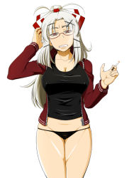 Rule 34 | 1girl, alternate costume, azuman, bags under eyes, bespectacled, black panties, bow, breasts, cigarette, cleavage, collarbone, contemporary, covered erect nipples, female focus, fujiwara no mokou, glasses, groin, hair bow, hair ornament, hair ribbon, hairclip, head tilt, hip focus, jacket, lingerie, long hair, looking at viewer, lowleg, lowleg panties, no pants, panties, parted bangs, ponytail, red eyes, ribbon, shirt, simple background, skindentation, solo, standing, straight hair, t-shirt, taut clothes, taut shirt, touhou, underwear, white background, white hair
