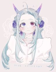 Rule 34 | 1girl, blush, choker, closed mouth, earrings, flower, highres, horns, jewelry, light smile, long hair, looking up, original, parted bangs, pigeon666, pointy ears, purple eyes, rose, simple background, solo, upper body