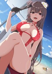 Rule 34 | 1girl, bare shoulders, beach, blue sky, blunt bangs, volt (nikke), breasts, brown hair, cleavage, cleavage cutout, clothing cutout, dog, double bun, earrings, flower, gloves, goddess of victory: nikke, hair bun, half gloves, hand fan, highres, holding, holding fan, jewelry, kana (wucz8478), long hair, medium breasts, necklace, one-piece swimsuit, open mouth, outdoors, red eyes, sidelocks, sky, sleeveless, smile, solo focus, swimsuit, yan (nikke), yan (sunrise market) (nikke)