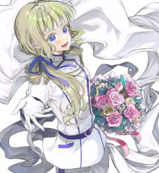 Rule 34 | 1girl, aged up, aiguillette, akinashi 0227, belt, blonde hair, blue eyes, blunt bangs, blush, bouquet, emilico (shadows house), flower, gloves, highres, holding, holding bouquet, jacket, long hair, low ponytail, pants, prince, rose, shadows house, solo, white gloves, white jacket