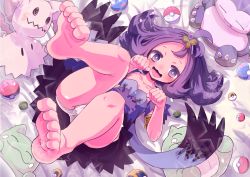 Rule 34 | 1girl, :3, acerola (pokemon), bare legs, barefoot, bed sheet, character doll, creatures (company), elite four, engwork, feet, flipped hair, from above, game freak, gen 1 pokemon, gen 7 pokemon, great ball, hair ornament, hairclip, half updo, legs up, lying, mimikyu, nintendo, on back, on bed, open mouth, panties, petite, poke ball, poke ball (basic), pokemon, pokemon (creature), pokemon move, pokemon sm, purple hair, short hair, snorlax, solo focus, substitute, substitute (pokemon), toe scrunch, toes, topknot, trial captain, ultra ball, underwear, white panties