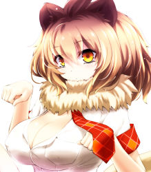 Rule 34 | 10s, 1girl, animal ears, blonde hair, breasts, cleavage, commentary request, fur collar, hair between eyes, highres, kemono friends, large breasts, lion (kemono friends), lion ears, looking at viewer, multicolored hair, necktie, paw pose, shirt, short hair, short sleeves, solo, upper body, watarui, white shirt
