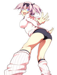 Rule 34 | 10s, 1girl, ass, blue eyes, blush, breasts, female focus, hair ribbon, hibari (senran kagura), large breasts, looking at viewer, looking back, open mouth, p book, pink hair, ribbon, senran kagura, simple background, smile, solo, twintails
