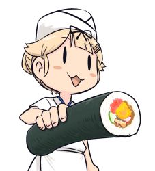 Rule 34 | 1girl, :3, :d, alternate costume, alternate hairstyle, blush stickers, bow, chef, chef hat, commentary request, ehoumaki, food, hair bow, hair flaps, hair ornament, hair ribbon, hairpin, hat, highres, holding, kantai collection, light brown hair, long hair, looking at viewer, makizushi, open mouth, ribbon, seiran (mousouchiku), simple background, smile, solo, sushi, transparent background, tsukiji uogashi sandaime, yuudachi (kancolle), yuudachi kai ni (kancolle)
