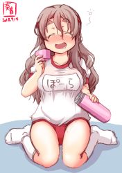 Rule 34 | 1girl, alcohol, alternate costume, artist logo, blush, breasts, buruma, closed eyes, commentary request, dated, drooling, drunk, full body, grey hair, gym shirt, gym uniform, hair between eyes, hairband, headband, highres, kanon (kurogane knights), kantai collection, light brown hair, long hair, mat, medium breasts, name tag, open mouth, pola (kancolle), red buruma, red headband, shirt, short sleeves, simple background, sitting, socks, solo, squeans, thermos, thick eyebrows, twitter username, wariza, wavy hair, white background, white shirt, white socks