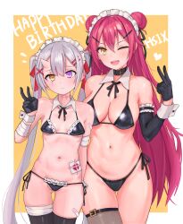 Rule 34 | 2girls, absurdres, animal collar, bandaged arm, bandaged leg, bandages, bandaid, bandaid on arm, bandeau, bikini, black bikini, black bra, black gloves, black ribbon, black sleeves, black thighhighs, blood, bloody bandages, borrowed character, bra, breasts, cleavage, closed mouth, collar, commentary request, cowboy shot, detached collar, detached sleeves, double bun, english text, flying sweatdrops, frown, gloves, grey hair, hair bun, halterneck, happy birthday, heart, heterochromia, highres, horns, komura555, korean commentary, large breasts, long hair, maid, maid bikini, maid headdress, mao (heartsix), micro bikini, mixed-language commentary, multiple girls, navel, neck ribbon, nezumi (heartsix), one eye closed, open mouth, original, partial commentary, purple eyes, red hair, ribbon, scar, scar across eye, scar on neck, side-by-side, side-tie bikini bottom, single horn, single thighhigh, skin-covered horns, small breasts, smile, standing, string bikini, swimsuit, thigh gap, thighhighs, twintails, unconventional maid, underwear, v, very long hair, white collar, wing collar, wrist cuffs, yellow bandeau, yellow eyes