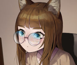 Rule 34 | 1girl, animal ear fluff, animal ears, blunt bangs, brown hair, brown sweater, cat ears, closed mouth, commentary, derivative work, dongho kang, face, glasses, green eyes, highres, long hair, looking at screen, original, photo-referenced, reflection, rimless eyewear, round eyewear, solo, sweater