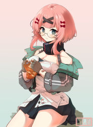 Rule 34 | 1girl, absurdres, bandaged arm, bandages, breasts, character name, chips (food), crr001, fingerless gloves, food, girls&#039; frontline, glasses, gloves, hair ornament, highres, holding, holding food, iraqi flag, jacket, large breasts, pink hair, safety pin, scarf, short hair, short hair with long locks, solo, star pin, tabuk (girls&#039; frontline), x hair ornament