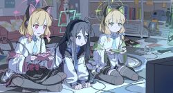 Rule 34 | 4girls, animal ear headphones, animal ears, aris (blue archive), black hair, black skirt, black thighhighs, blonde hair, blue archive, cat ear headphones, closed mouth, coat, controller, couch, fake animal ears, game controller, hair between eyes, hairband, halo, headphones, highres, indoors, jacket, long hair, midori (blue archive), momoi (blue archive), muina, multiple girls, necktie, off shoulder, on floor, one side up, open mouth, parted lips, peeking out, playing games, pleated skirt, red hair, shirt, siblings, sisters, sitting, skirt, sweat, tail, thighhighs, very long hair, white coat, white shirt, wide sleeves, yuzu (blue archive)