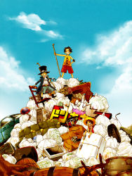 Rule 34 | 3boys, barrel, black hair, brothers, child, east blue, highres, male focus, monkey d. luffy, multiple boys, one piece, outdoors, pile, portgas d. ace, refrigerator, sabo (one piece), siblings, trash, trash bag, aged down