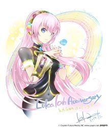 Rule 34 | 1girl, anniversary, armlet, blue eyes, commentary, company name, cowboy shot, crypton future media, dated, detached sleeves, glowing, headphones, interlocked fingers, kei (keigarou), long hair, looking at viewer, megurine luka, navel, official art, piapro, pink hair, rainbow, signature, smile, solo, stomach, straight hair, very long hair, vocaloid
