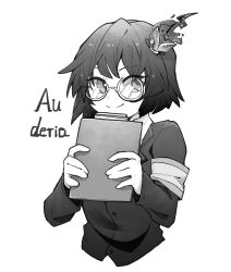Rule 34 | 1girl, armband, chinese commentary, clipboard, closed mouth, commentary request, employee (project moon), glasses, greyscale, hair ornament, highres, holding, holding clipboard, jacket, lobotomy corporation, long sleeves, monochrome, project moon, round eyewear, shirt, short hair, simple background, smile, solo, tesna, white background