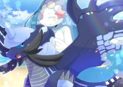 Rule 34 | :d, ^ ^, beach, blue eyes, blue sky, breasts, closed eyes, closed mouth, cloud, commentary request, commission, creatures (company), day, fang, game freak, gen 5 pokemon, gen 7 pokemon, kou hiyoyo, medium breasts, nintendo, open mouth, outdoors, pokemon, pokemon (creature), primarina, samurott, sand, skeb commission, sky, smile, star (symbol), water