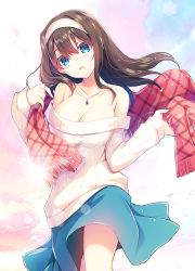 Rule 34 | 1girl, armpit crease, bare shoulders, blue eyes, blue skirt, blush, breasts, brown hair, cleavage, cloud, collarbone, feet out of frame, floating hair, gunp, hair intakes, hairband, head tilt, holding, holding clothes, holding scarf, idolmaster, idolmaster cinderella girls, jewelry, long hair, long sleeves, looking at viewer, medium breasts, miniskirt, necklace, off-shoulder, off-shoulder sweater, off shoulder, parted lips, plaid, plaid scarf, red scarf, ribbed sweater, sagisawa fumika, scarf, sidelocks, skirt, sleeves past wrists, solo, standing, sweater
