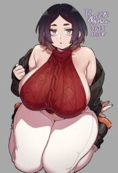 Rule 34 | 1girl, agawa ryou, artist name, bare shoulders, black footwear, black hair, boots, breasts, commentary, curvy, dated, english commentary, grey background, grey eyes, huge breasts, leaning back, looking at viewer, medium hair, navel, original, pants, red sweater, signature, simple background, sleeveless, sleeveless sweater, solo, stomach, sweater, thick thighs, thighs, turtleneck, white pants
