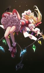 Rule 34 | 1girl, absurdres, arm up, ascot, blonde hair, bobby socks, breasts, covered mouth, crystal, dark background, flandre scarlet, floating, floating hair, foreshortening, from below, gradient background, grey background, hat, high heels, highres, laevatein (touhou), legs, light particles, long hair, looking at viewer, miniskirt, mob cap, one side up, perspective, petticoat, pink eyes, puffy short sleeves, puffy sleeves, red footwear, red skirt, red vest, shirt, shoes, short sleeves, simple background, skirt, skirt set, small breasts, socks, solo, torinari (dtvisu), touhou, vest, white hat, white shirt, white socks, wings, wrist cuffs, yellow ascot