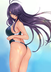 Rule 34 | 1girl, antenna hair, ass, black hair, black one-piece swimsuit, blue background, breasts, commentary request, competition swimsuit, gradient background, hair over one eye, highleg, highleg swimsuit, highres, ikkitousen, kan&#039;u unchou, large breasts, looking at viewer, looking back, one-piece swimsuit, purple eyes, solo, standing, swimsuit, tona1071103