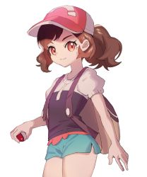 Rule 34 | 1girl, ankea (a-ramo-do), backpack, bag, baseball cap, black shirt, brown hair, child, closed mouth, cowboy shot, creatures (company), elaine (pokemon), female focus, flat chest, game freak, green shorts, hand up, happy, hat, highres, holding, holding poke ball, looking at viewer, nintendo, orange eyes, poke ball, poke ball (basic), poke ball theme, pokemon, pokemon lgpe, ponytail, puffy short sleeves, puffy sleeves, red hat, shirt, short shorts, short sleeves, shorts, simple background, smile, solo, standing, swept bangs, white background
