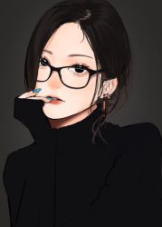 Rule 34 | 1girl, black-framed eyewear, black eyes, black sweater, earrings, glasses, grey background, hand up, highres, jewelry, lips, lipstick, long sleeves, looking at viewer, makeup, nail polish, original, parted lips, saitou (lynx-shrike), short hair, solo, sweater, teeth, turtleneck, turtleneck sweater, upper teeth only