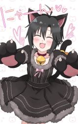 Rule 34 | 1girl, :3, :d, animal ears, animal hands, antenna hair, bell, black dress, black hair, blush, bow, breasts, cat day, cat ears, cat symbol, closed mouth, collar, commentary, cowboy shot, dress, dress bow, facing viewer, fangs, fur-trimmed dress, fur trim, gloves, hair between eyes, heart, idolmaster, idolmaster (classic), jingle bell, kemonomimi mode, kikuchi makoto, neck bell, open mouth, paw gloves, pink bow, puffy sleeves, raised eyebrows, reaching, reaching towards viewer, red collar, short hair, sidelocks, simple background, small breasts, smile, solo, sponge pompom, translated, white background