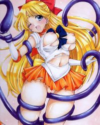 Rule 34 | 1girl, absurdres, aino minako, bishoujo senshi sailor moon, blonde hair, blue bow, blue eyes, blush, bow, breasts, breasts out, cleft of venus, earrings, elbow gloves, gloves, hair bow, highres, hmdark-9, jewelry, leotard, long hair, navel, nipples, no bra, no panties, one eye closed, open mouth, pussy, red bow, sailor venus, school uniform, serafuku, solo, tentacles, torn clothes, torn leotard, traditional media, very long hair, white gloves