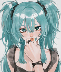Rule 34 | 1girl, absurdres, aqua eyes, aqua hair, aqua nails, black dress, blurry, bracelet, chain, cropped torso, depth of field, dress, hair between eyes, hair ornament, hatsune miku, highres, itou (very ito), jewelry, long hair, looking at viewer, puckered lips, ring, sidelocks, twintails, vocaloid, white background